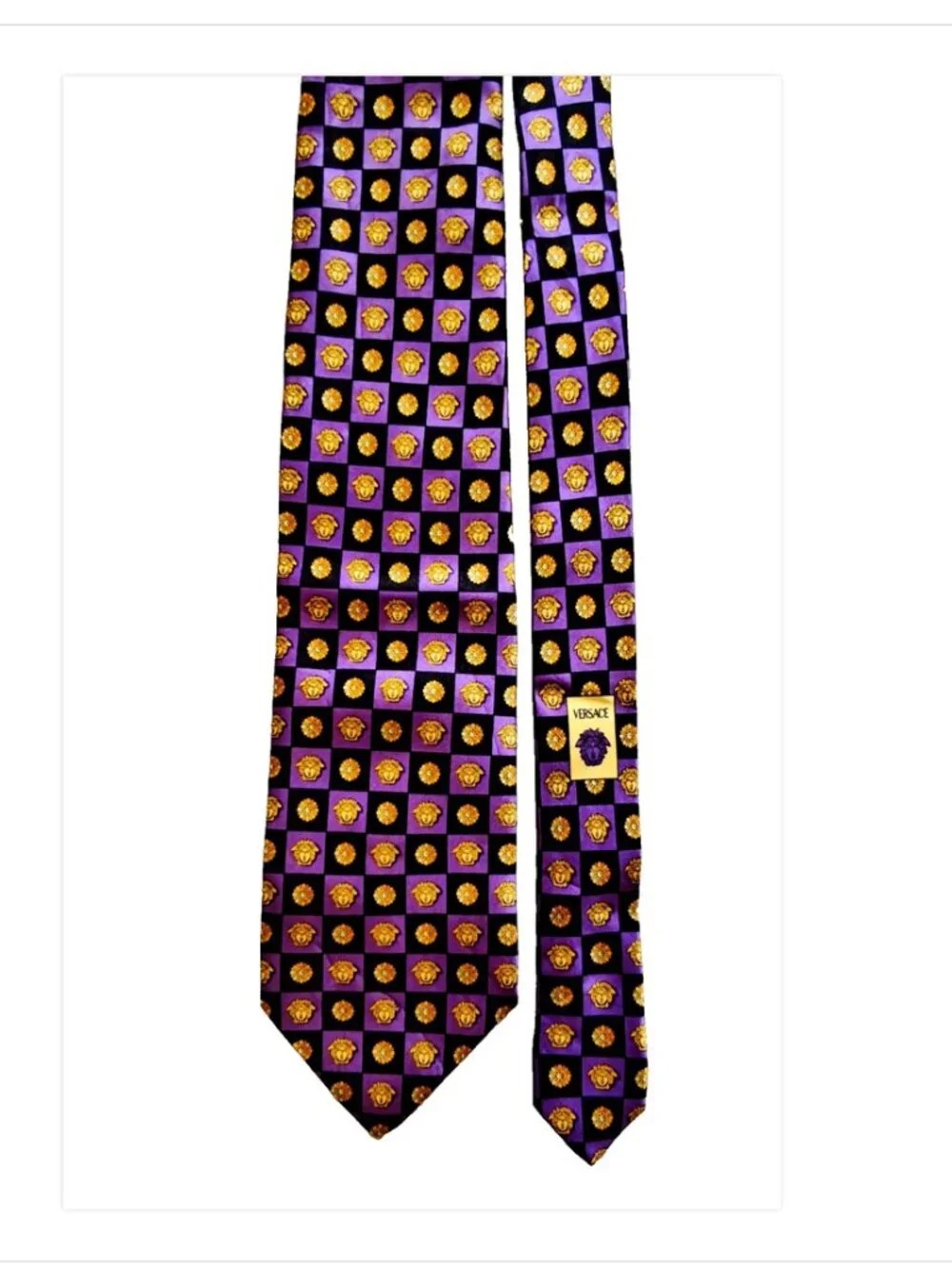 90s GIANNI VERSACE Barocco Acanthus/Medusa Logo Checkerboard Men's Silk Tie